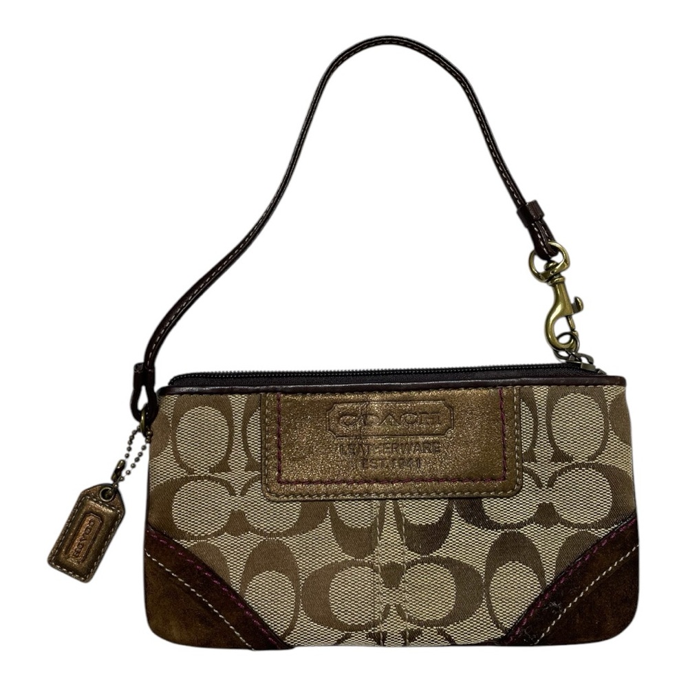 Tan Brown Coach Signature Wristlet Mini-Bag Pochette Purse Wallet
